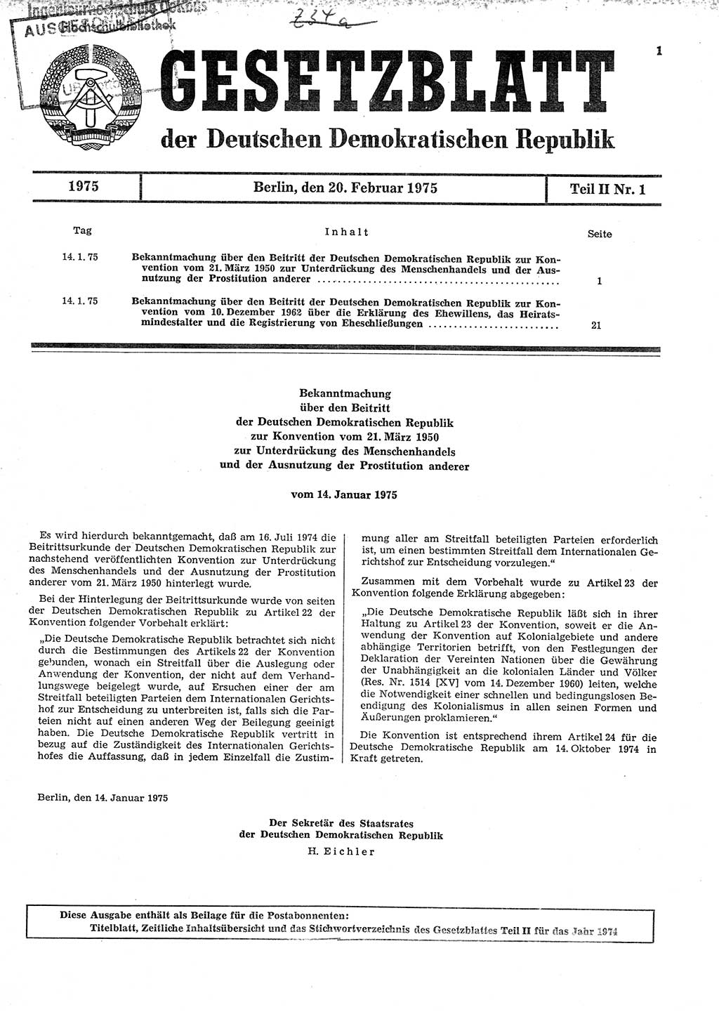 Gesetzblatt (GBl.) der Deutschen Demokratischen Republik (DDR) Teil ⅠⅠ 1975, Seite 1 (GBl. DDR ⅠⅠ 1975, S. 1)