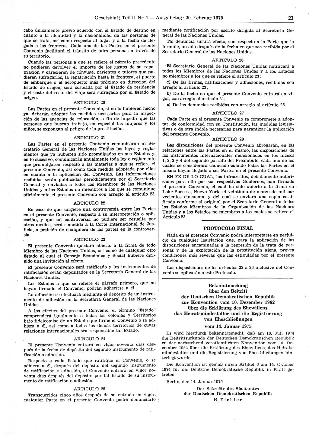 Gesetzblatt (GBl.) der Deutschen Demokratischen Republik (DDR) Teil ⅠⅠ 1975, Seite 21 (GBl. DDR ⅠⅠ 1975, S. 21)