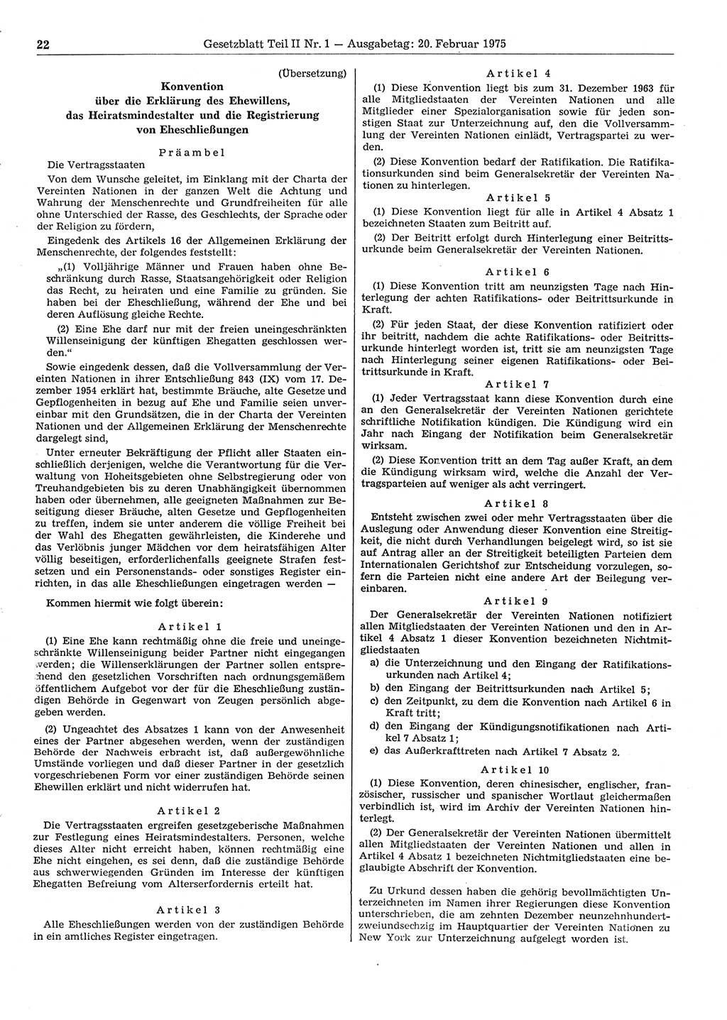 Gesetzblatt (GBl.) der Deutschen Demokratischen Republik (DDR) Teil ⅠⅠ 1975, Seite 22 (GBl. DDR ⅠⅠ 1975, S. 22)