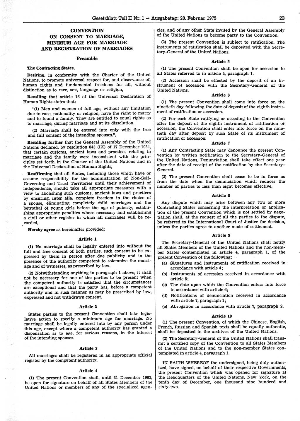 Gesetzblatt (GBl.) der Deutschen Demokratischen Republik (DDR) Teil ⅠⅠ 1975, Seite 23 (GBl. DDR ⅠⅠ 1975, S. 23)