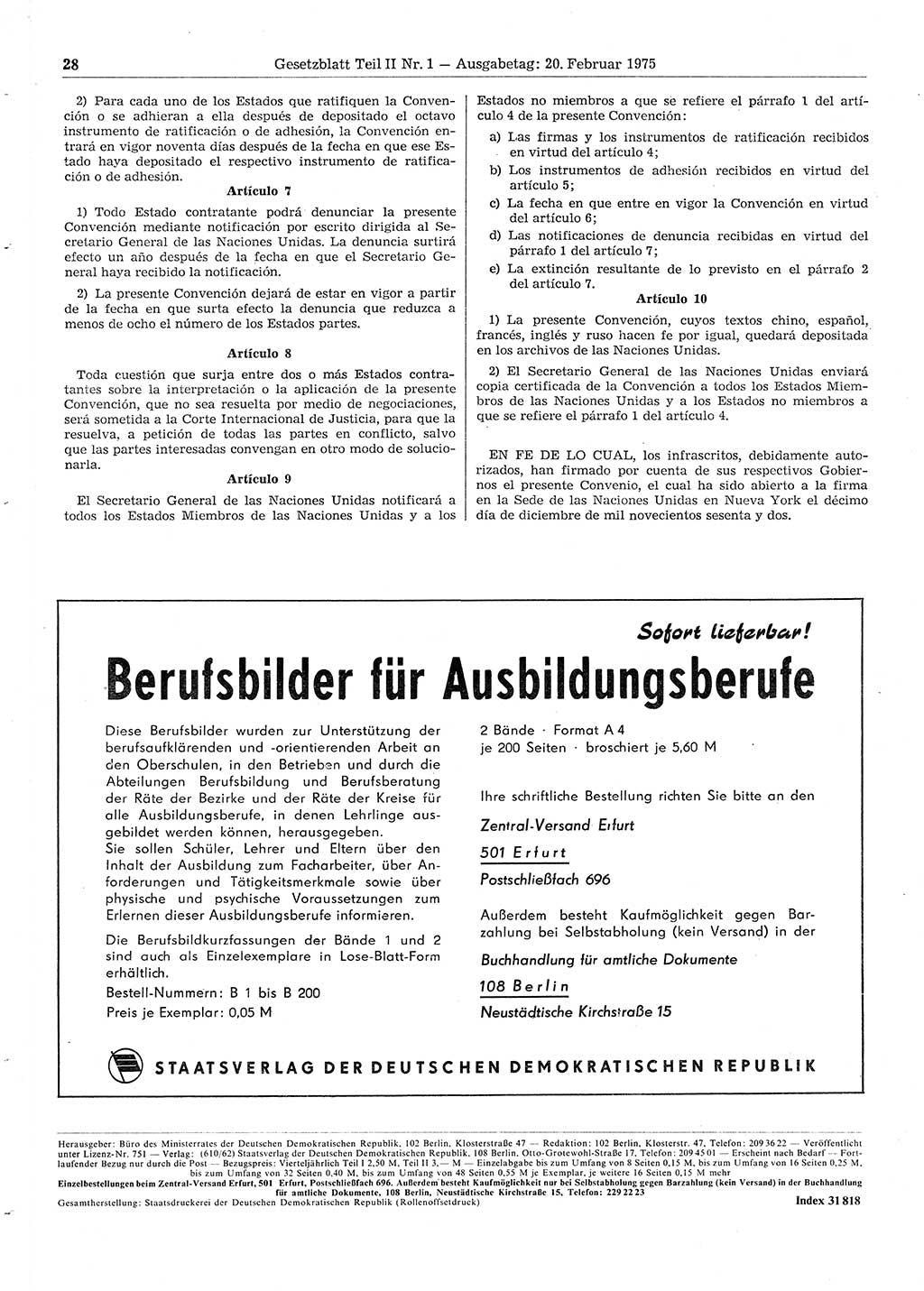 Gesetzblatt (GBl.) der Deutschen Demokratischen Republik (DDR) Teil ⅠⅠ 1975, Seite 28 (GBl. DDR ⅠⅠ 1975, S. 28)