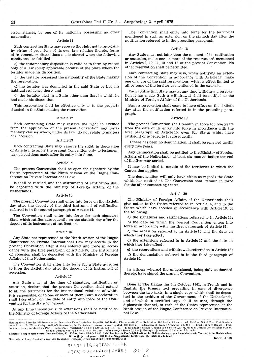 Gesetzblatt (GBl.) der Deutschen Demokratischen Republik (DDR) Teil ⅠⅠ 1975, Seite 44 (GBl. DDR ⅠⅠ 1975, S. 44)