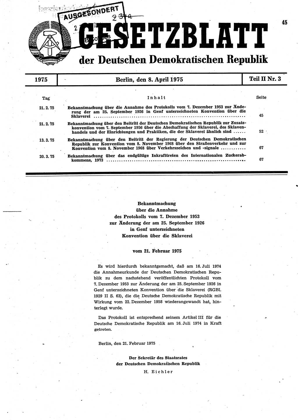 Gesetzblatt (GBl.) der Deutschen Demokratischen Republik (DDR) Teil ⅠⅠ 1975, Seite 45 (GBl. DDR ⅠⅠ 1975, S. 45)