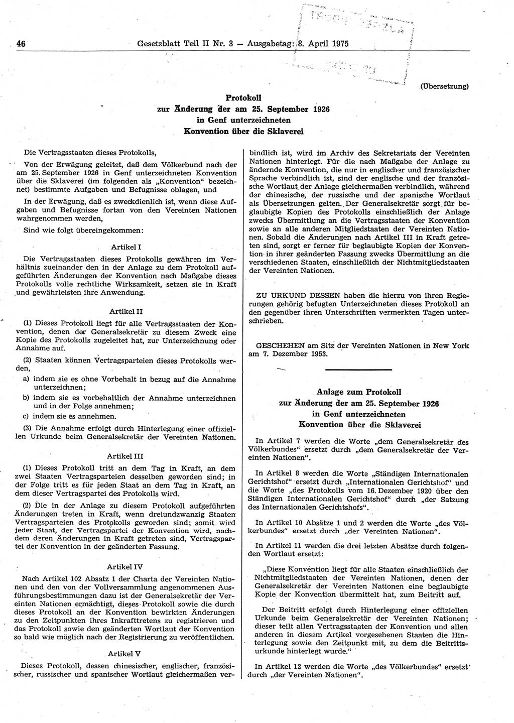 Gesetzblatt (GBl.) der Deutschen Demokratischen Republik (DDR) Teil ⅠⅠ 1975, Seite 46 (GBl. DDR ⅠⅠ 1975, S. 46)