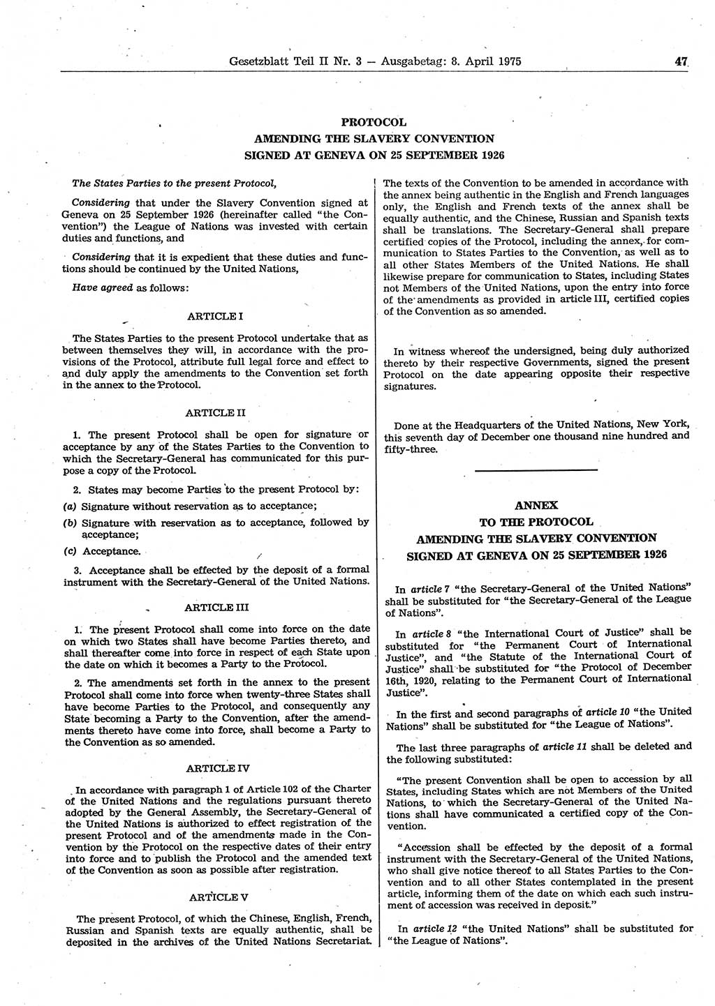 Gesetzblatt (GBl.) der Deutschen Demokratischen Republik (DDR) Teil ⅠⅠ 1975, Seite 47 (GBl. DDR ⅠⅠ 1975, S. 47)