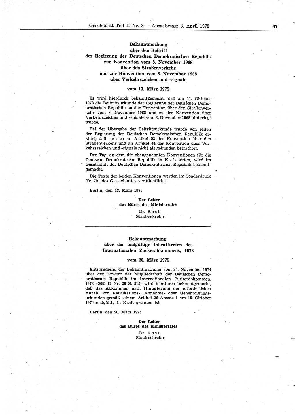Gesetzblatt (GBl.) der Deutschen Demokratischen Republik (DDR) Teil ⅠⅠ 1975, Seite 67 (GBl. DDR ⅠⅠ 1975, S. 67)
