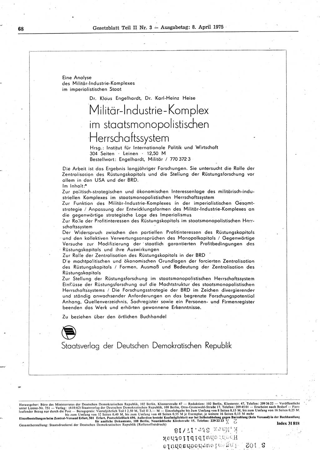 Gesetzblatt (GBl.) der Deutschen Demokratischen Republik (DDR) Teil ⅠⅠ 1975, Seite 68 (GBl. DDR ⅠⅠ 1975, S. 68)