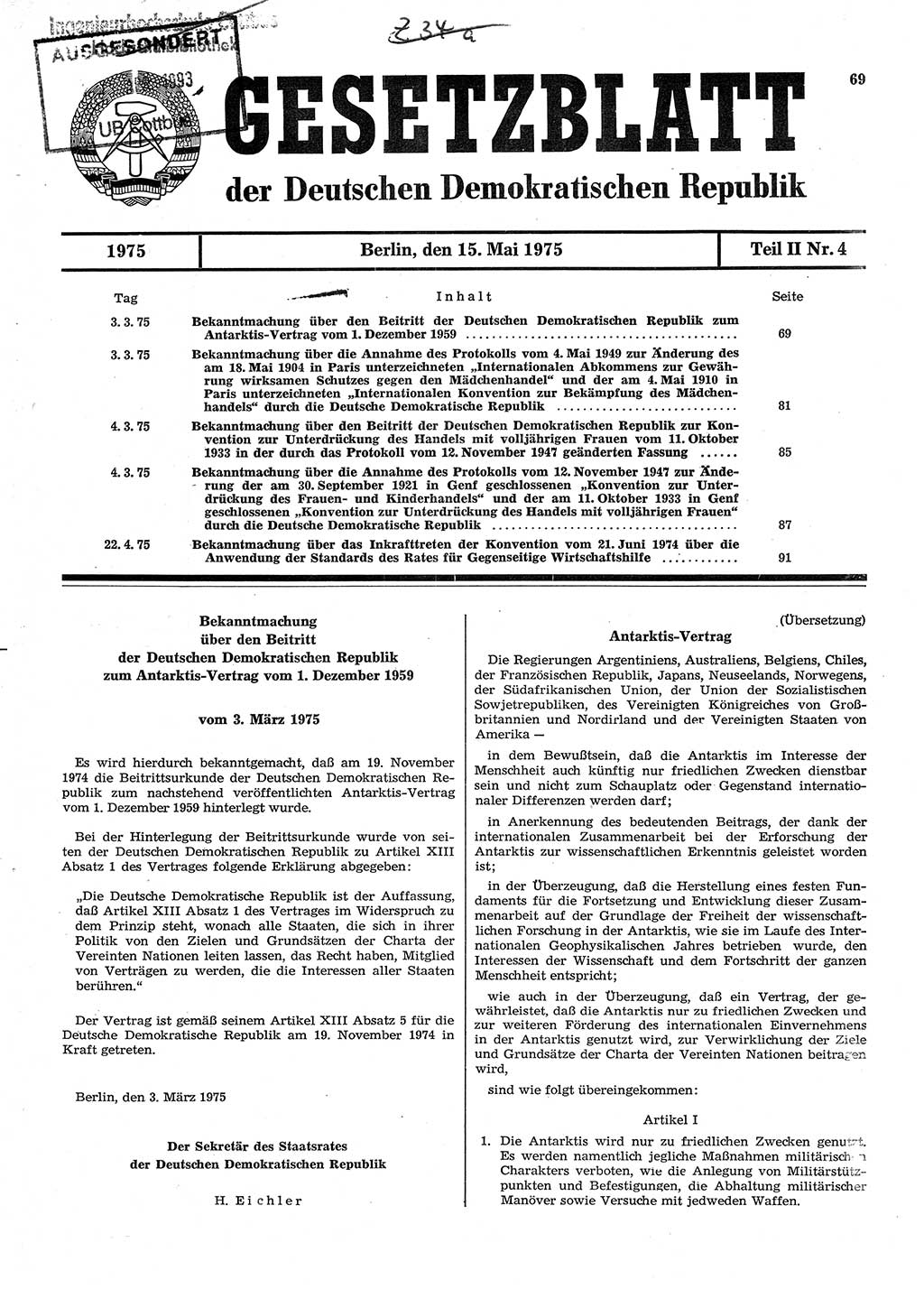 Gesetzblatt (GBl.) der Deutschen Demokratischen Republik (DDR) Teil ⅠⅠ 1975, Seite 69 (GBl. DDR ⅠⅠ 1975, S. 69)