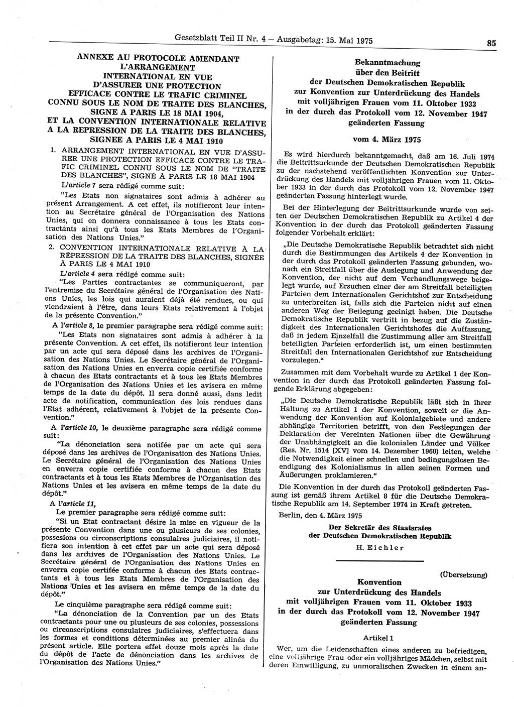 Gesetzblatt (GBl.) der Deutschen Demokratischen Republik (DDR) Teil ⅠⅠ 1975, Seite 85 (GBl. DDR ⅠⅠ 1975, S. 85)