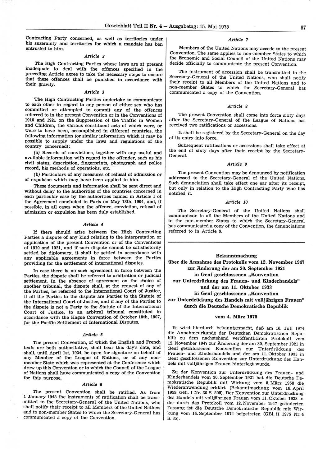 Gesetzblatt (GBl.) der Deutschen Demokratischen Republik (DDR) Teil ⅠⅠ 1975, Seite 87 (GBl. DDR ⅠⅠ 1975, S. 87)