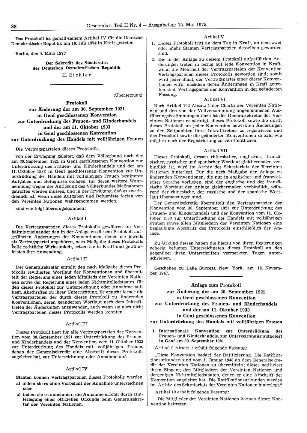Gesetzblatt (GBl.) der Deutschen Demokratischen Republik (DDR) Teil ⅠⅠ 1975, Seite 88 (GBl. DDR ⅠⅠ 1975, S. 88)