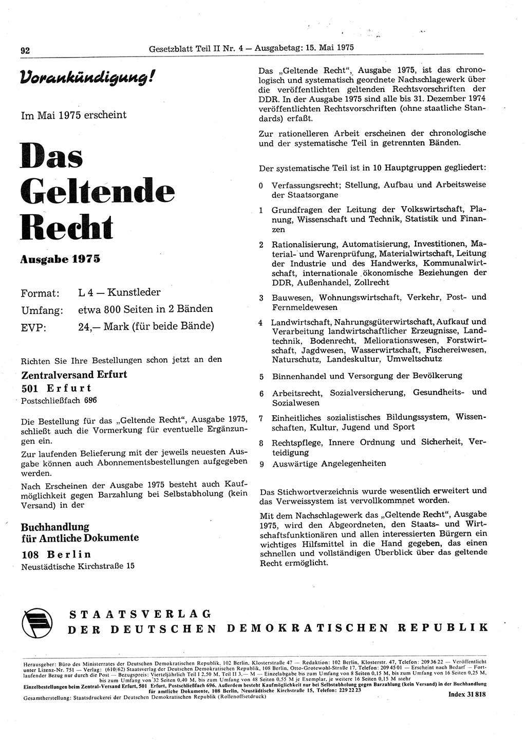 Gesetzblatt (GBl.) der Deutschen Demokratischen Republik (DDR) Teil ⅠⅠ 1975, Seite 92 (GBl. DDR ⅠⅠ 1975, S. 92)