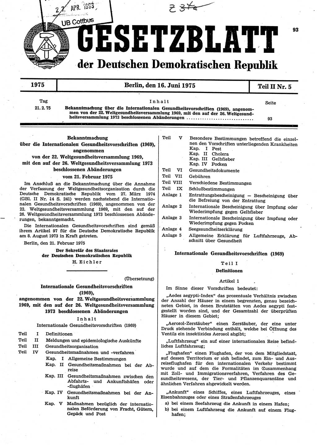 Gesetzblatt (GBl.) der Deutschen Demokratischen Republik (DDR) Teil ⅠⅠ 1975, Seite 93 (GBl. DDR ⅠⅠ 1975, S. 93)