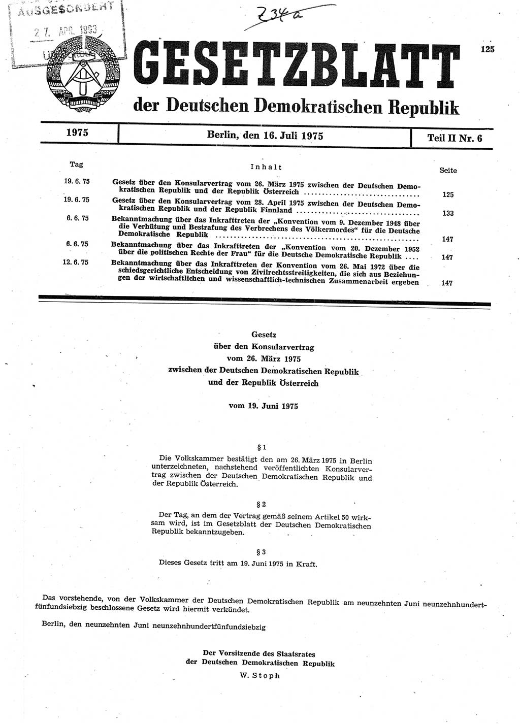 Gesetzblatt (GBl.) der Deutschen Demokratischen Republik (DDR) Teil ⅠⅠ 1975, Seite 125 (GBl. DDR ⅠⅠ 1975, S. 125)