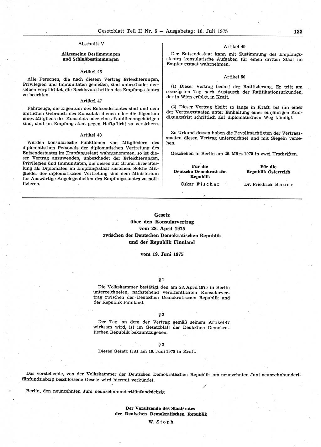 Gesetzblatt (GBl.) der Deutschen Demokratischen Republik (DDR) Teil ⅠⅠ 1975, Seite 133 (GBl. DDR ⅠⅠ 1975, S. 133)
