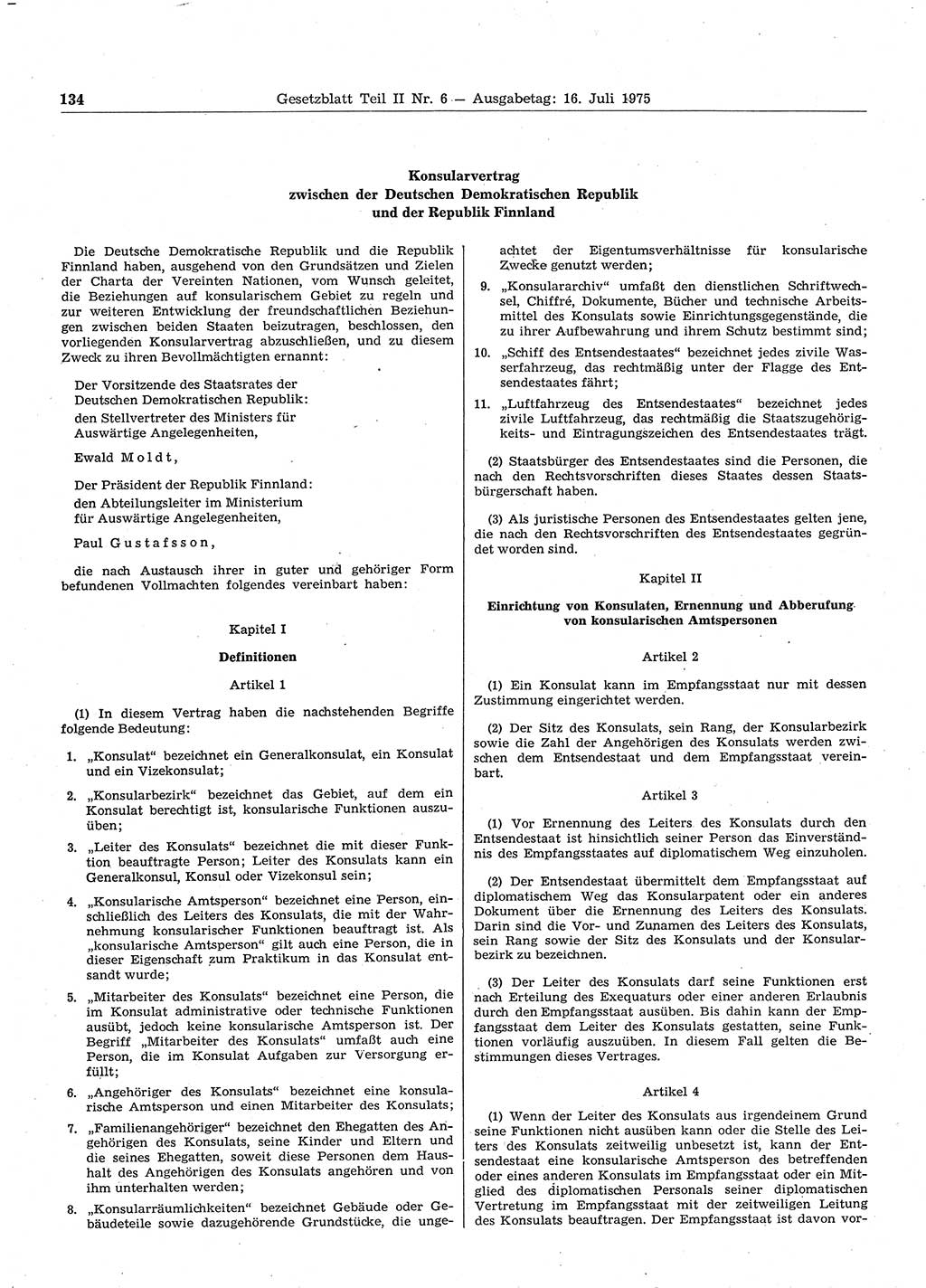 Gesetzblatt (GBl.) der Deutschen Demokratischen Republik (DDR) Teil ⅠⅠ 1975, Seite 134 (GBl. DDR ⅠⅠ 1975, S. 134)