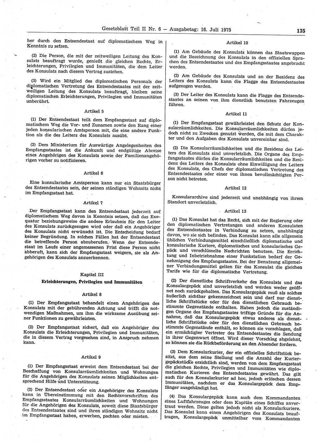 Gesetzblatt (GBl.) der Deutschen Demokratischen Republik (DDR) Teil ⅠⅠ 1975, Seite 135 (GBl. DDR ⅠⅠ 1975, S. 135)