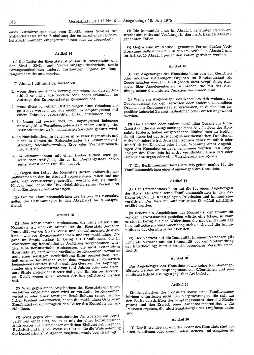 Gesetzblatt (GBl.) der Deutschen Demokratischen Republik (DDR) Teil ⅠⅠ 1975, Seite 136 (GBl. DDR ⅠⅠ 1975, S. 136)