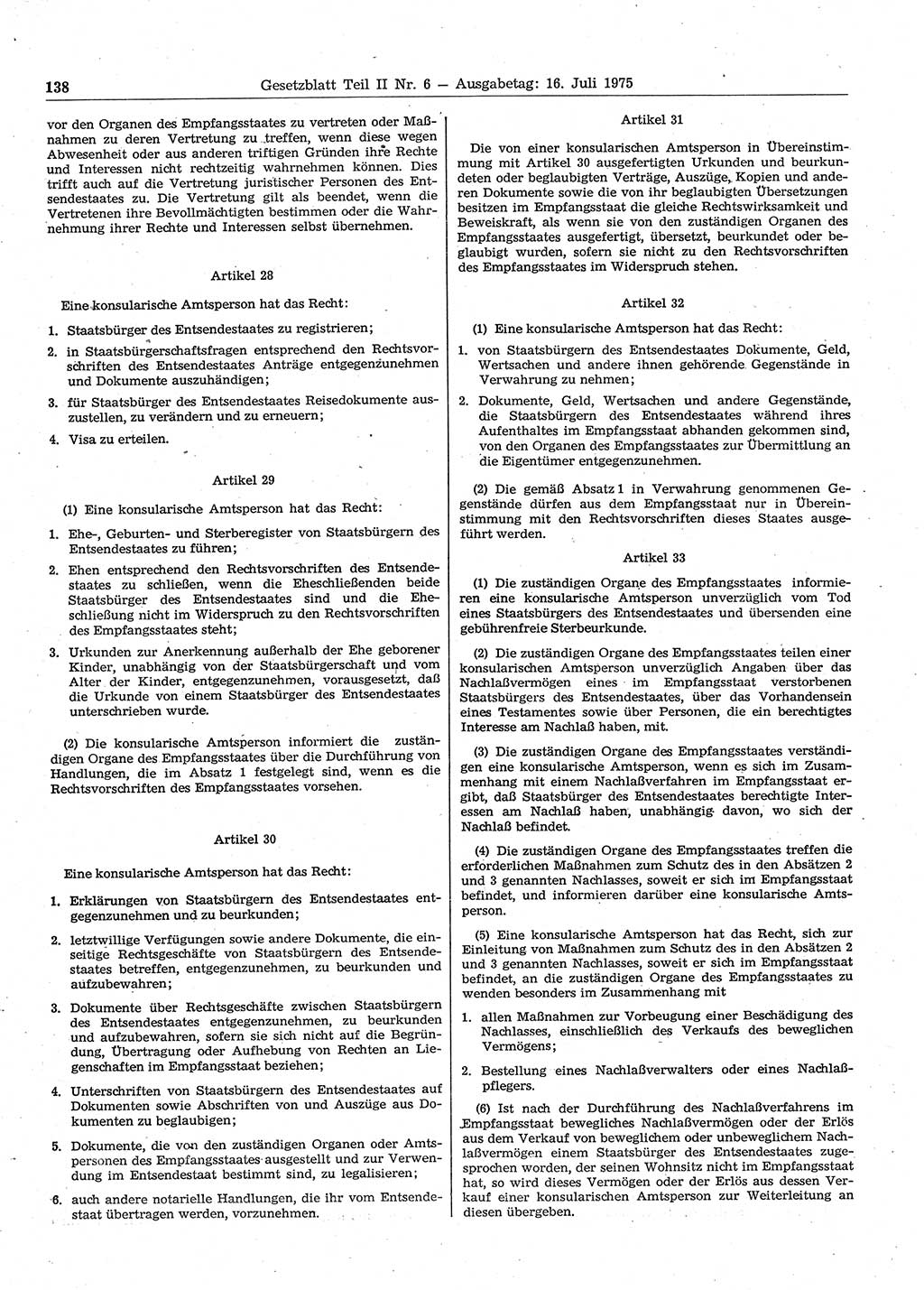 Gesetzblatt (GBl.) der Deutschen Demokratischen Republik (DDR) Teil ⅠⅠ 1975, Seite 138 (GBl. DDR ⅠⅠ 1975, S. 138)