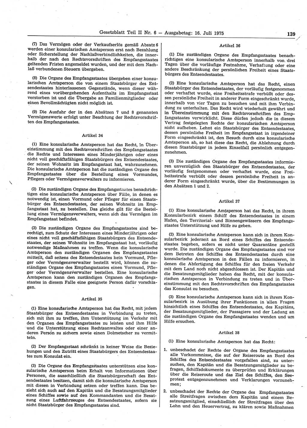 Gesetzblatt (GBl.) der Deutschen Demokratischen Republik (DDR) Teil ⅠⅠ 1975, Seite 139 (GBl. DDR ⅠⅠ 1975, S. 139)