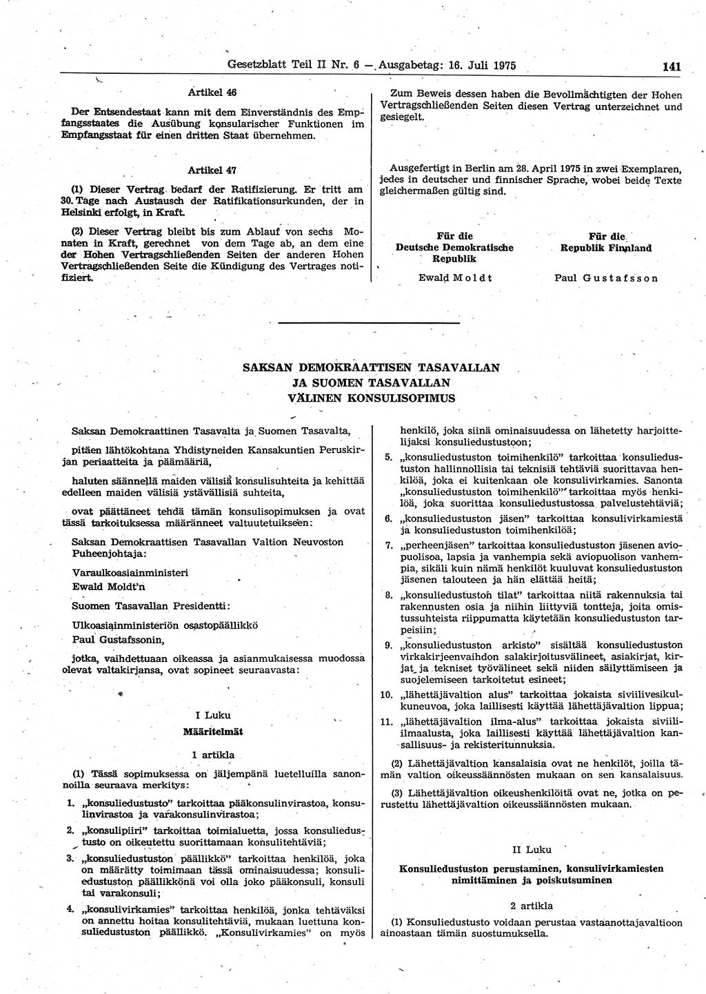 Gesetzblatt (GBl.) der Deutschen Demokratischen Republik (DDR) Teil ⅠⅠ 1975, Seite 141 (GBl. DDR ⅠⅠ 1975, S. 141)