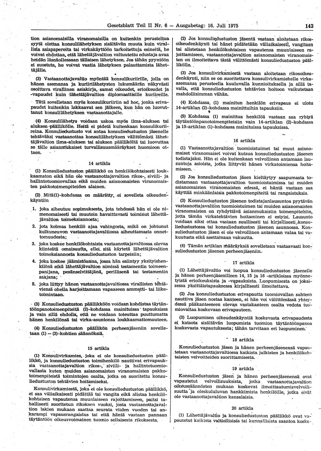 Gesetzblatt (GBl.) der Deutschen Demokratischen Republik (DDR) Teil ⅠⅠ 1975, Seite 143 (GBl. DDR ⅠⅠ 1975, S. 143)