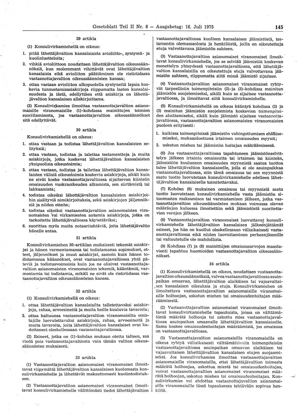 Gesetzblatt (GBl.) der Deutschen Demokratischen Republik (DDR) Teil ⅠⅠ 1975, Seite 145 (GBl. DDR ⅠⅠ 1975, S. 145)