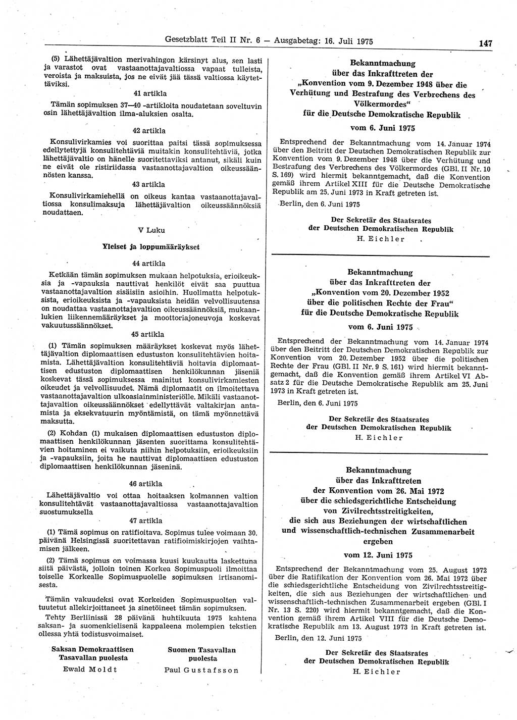 Gesetzblatt (GBl.) der Deutschen Demokratischen Republik (DDR) Teil ⅠⅠ 1975, Seite 147 (GBl. DDR ⅠⅠ 1975, S. 147)