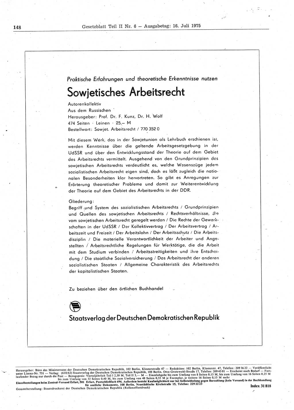 Gesetzblatt (GBl.) der Deutschen Demokratischen Republik (DDR) Teil ⅠⅠ 1975, Seite 148 (GBl. DDR ⅠⅠ 1975, S. 148)