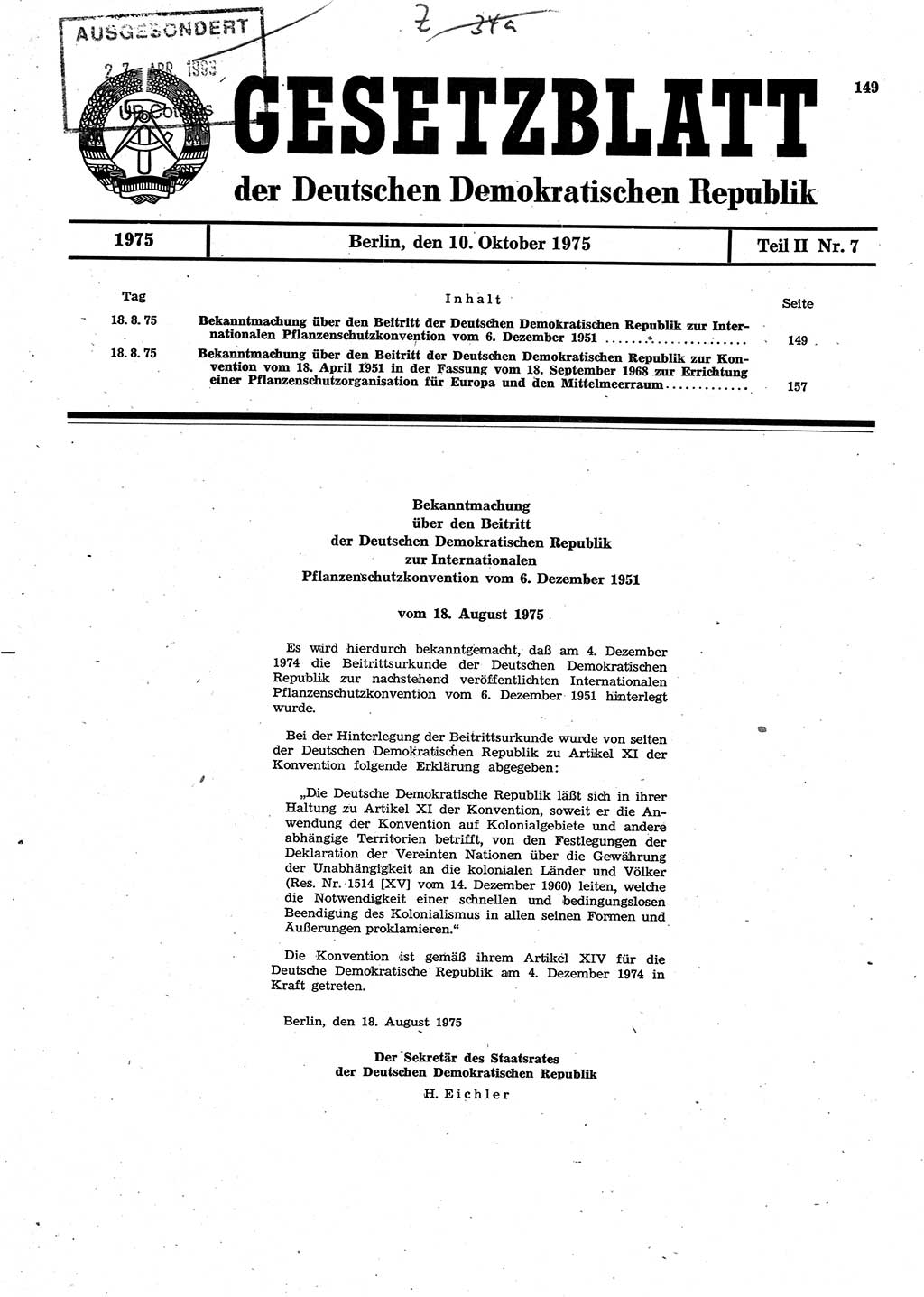 Gesetzblatt (GBl.) der Deutschen Demokratischen Republik (DDR) Teil ⅠⅠ 1975, Seite 149 (GBl. DDR ⅠⅠ 1975, S. 149)