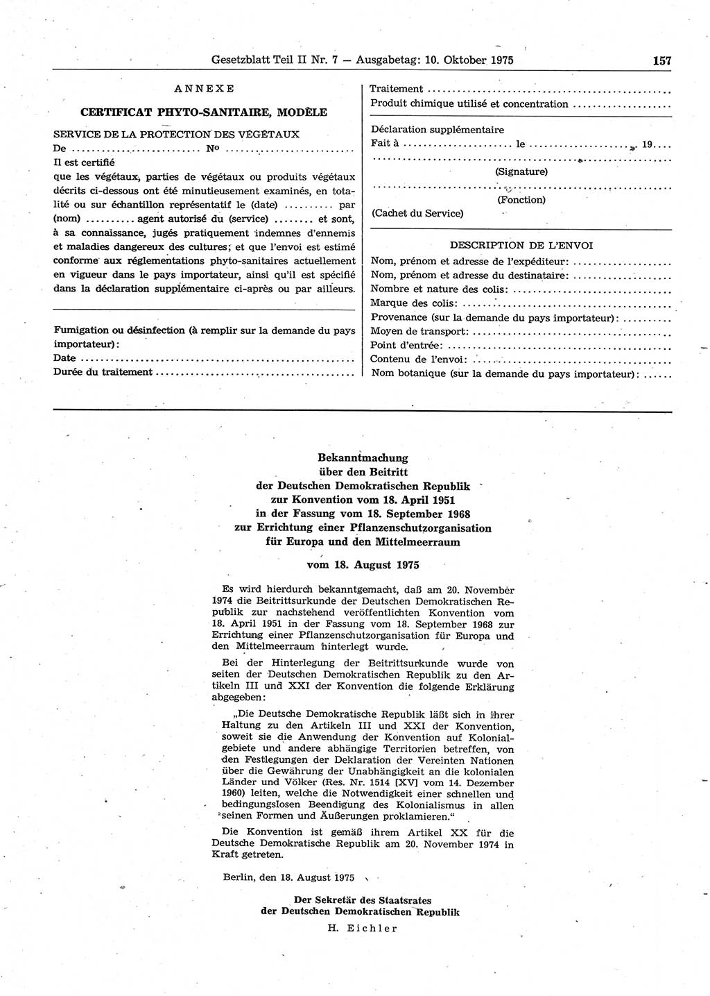 Gesetzblatt (GBl.) der Deutschen Demokratischen Republik (DDR) Teil ⅠⅠ 1975, Seite 157 (GBl. DDR ⅠⅠ 1975, S. 157)