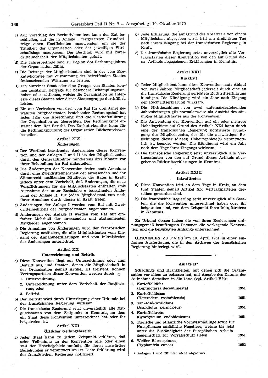 Gesetzblatt (GBl.) der Deutschen Demokratischen Republik (DDR) Teil ⅠⅠ 1975, Seite 160 (GBl. DDR ⅠⅠ 1975, S. 160)