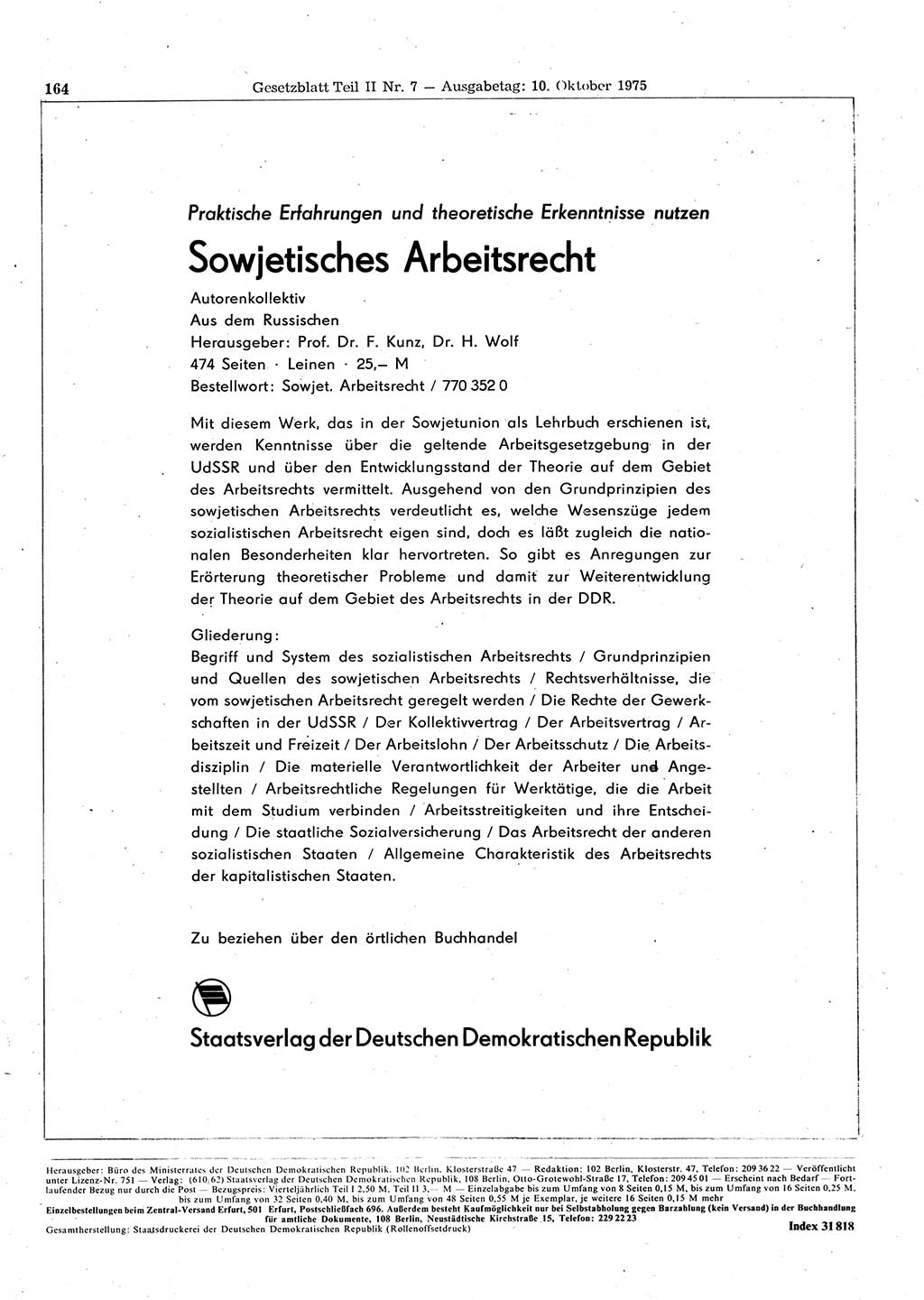 Gesetzblatt (GBl.) der Deutschen Demokratischen Republik (DDR) Teil ⅠⅠ 1975, Seite 164 (GBl. DDR ⅠⅠ 1975, S. 164)