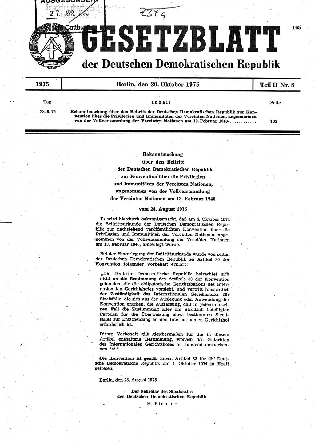 Gesetzblatt (GBl.) der Deutschen Demokratischen Republik (DDR) Teil ⅠⅠ 1975, Seite 165 (GBl. DDR ⅠⅠ 1975, S. 165)