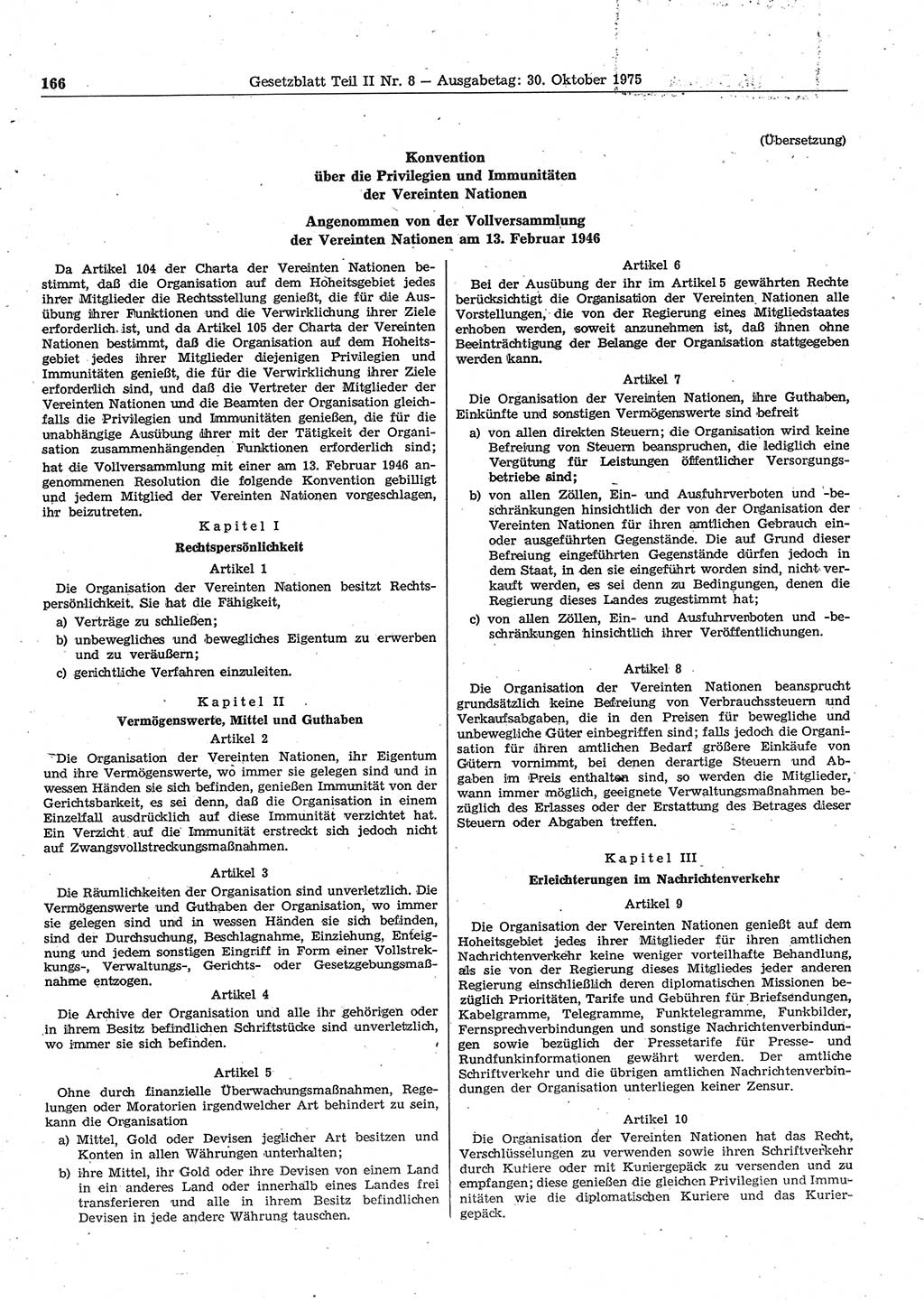 Gesetzblatt (GBl.) der Deutschen Demokratischen Republik (DDR) Teil ⅠⅠ 1975, Seite 166 (GBl. DDR ⅠⅠ 1975, S. 166)