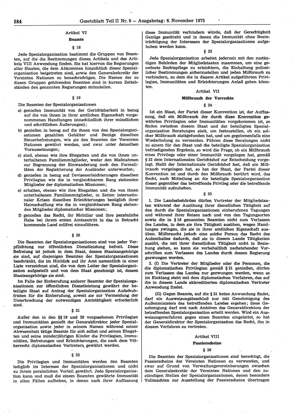 Gesetzblatt (GBl.) der Deutschen Demokratischen Republik (DDR) Teil ⅠⅠ 1975, Seite 184 (GBl. DDR ⅠⅠ 1975, S. 184)