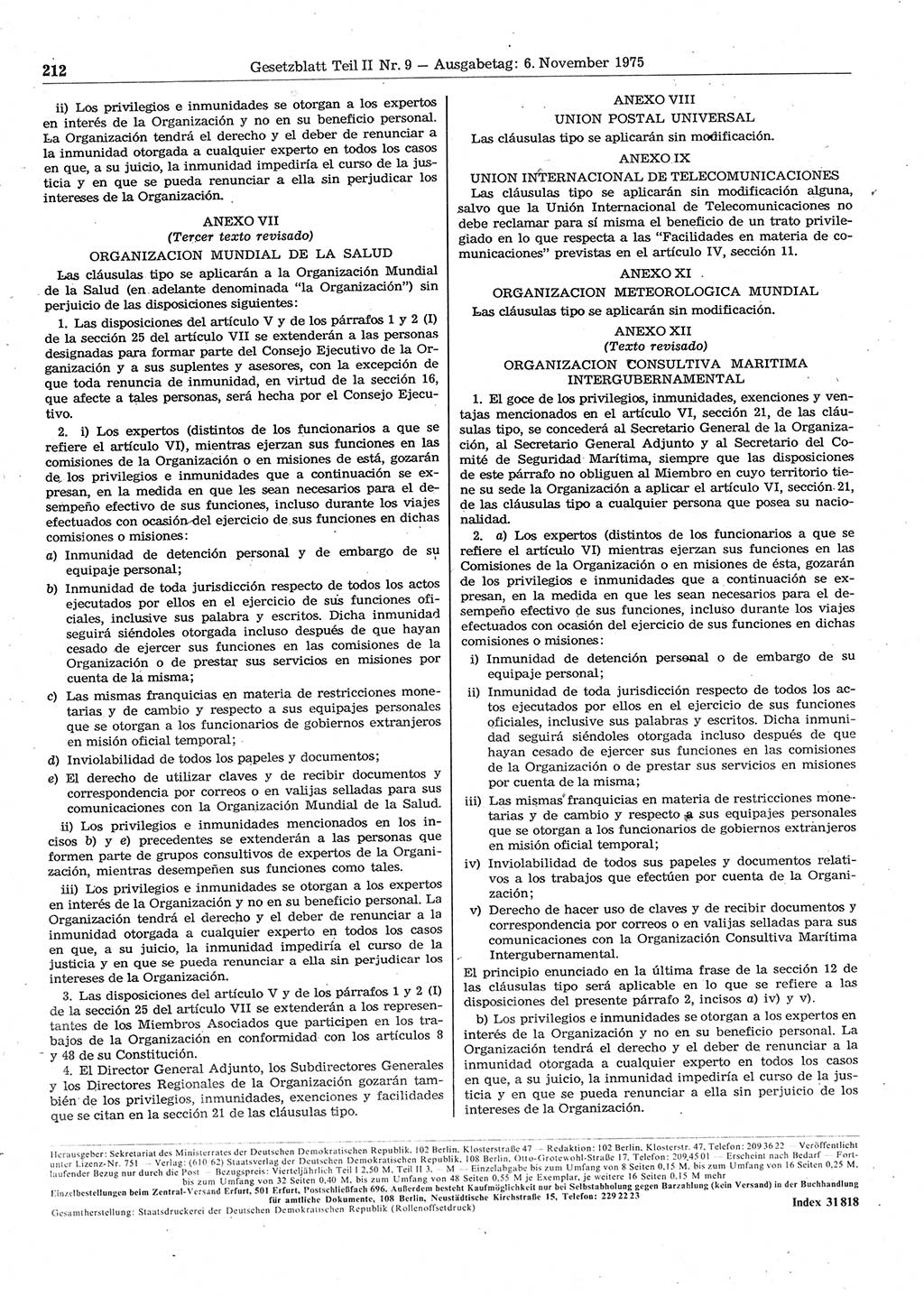 Gesetzblatt (GBl.) der Deutschen Demokratischen Republik (DDR) Teil ⅠⅠ 1975, Seite 212 (GBl. DDR ⅠⅠ 1975, S. 212)