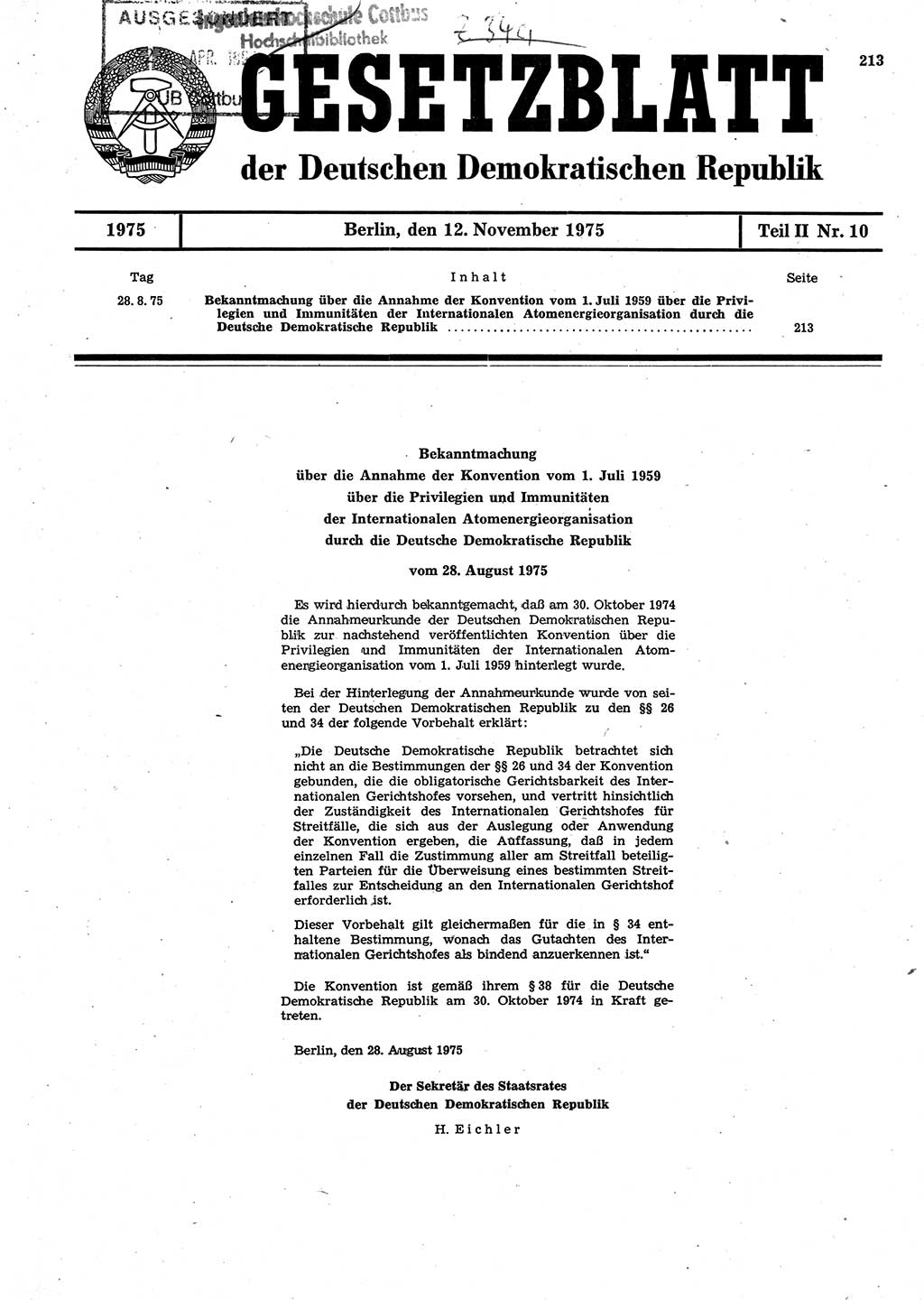 Gesetzblatt (GBl.) der Deutschen Demokratischen Republik (DDR) Teil ⅠⅠ 1975, Seite 213 (GBl. DDR ⅠⅠ 1975, S. 213)