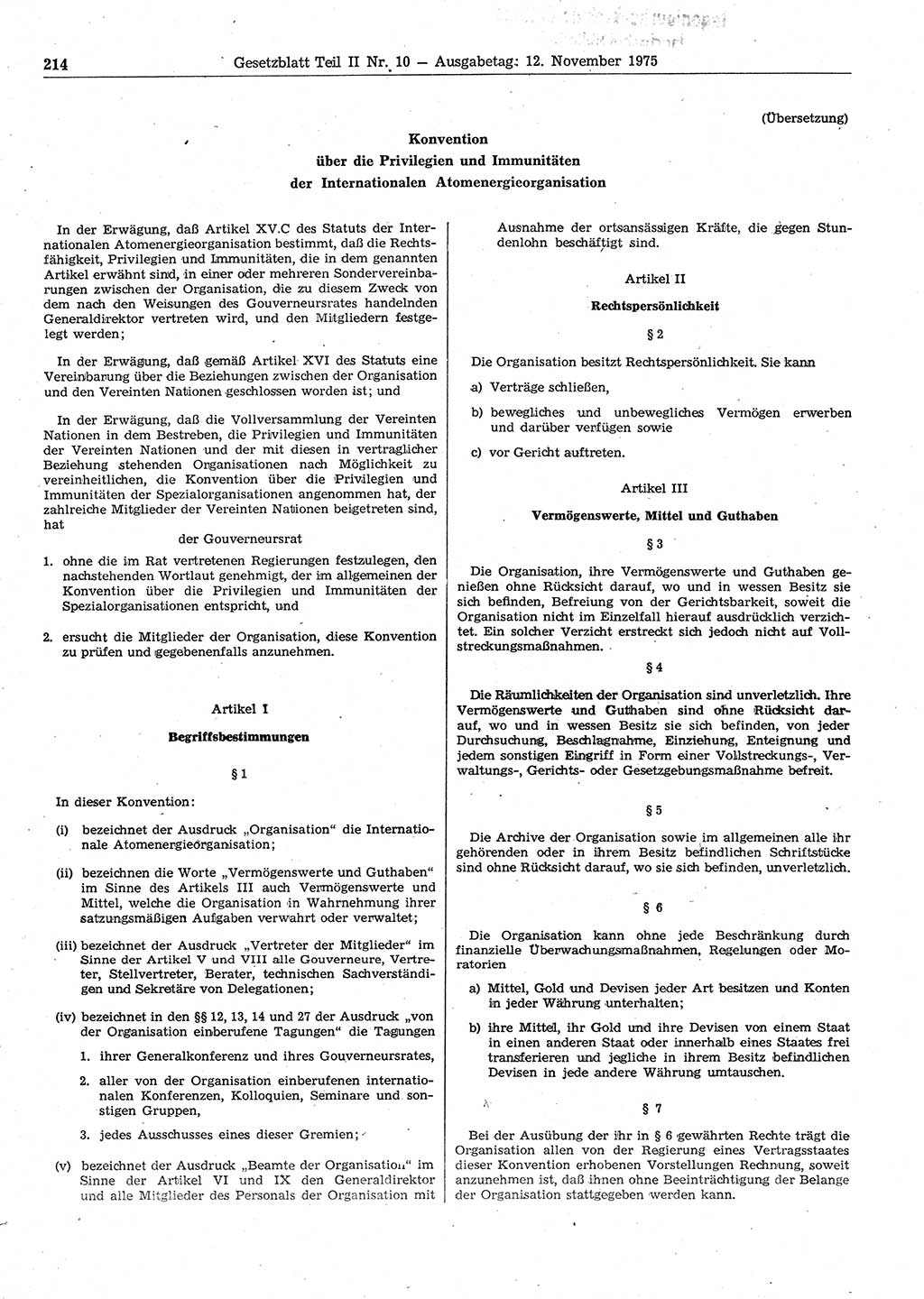 Gesetzblatt (GBl.) der Deutschen Demokratischen Republik (DDR) Teil ⅠⅠ 1975, Seite 214 (GBl. DDR ⅠⅠ 1975, S. 214)