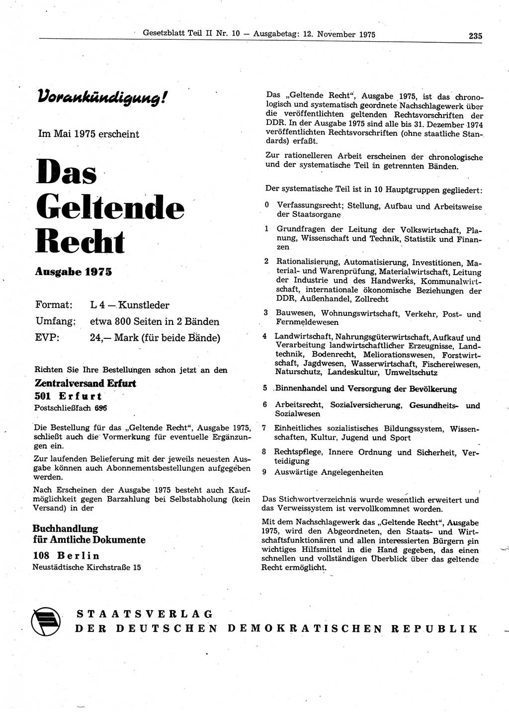 Gesetzblatt (GBl.) der Deutschen Demokratischen Republik (DDR) Teil ⅠⅠ 1975, Seite 235 (GBl. DDR ⅠⅠ 1975, S. 235)