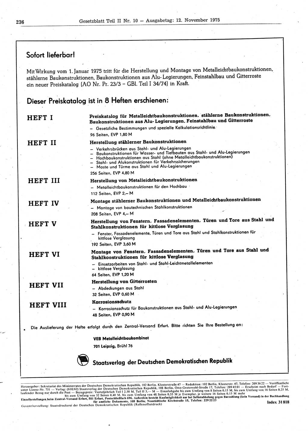 Gesetzblatt (GBl.) der Deutschen Demokratischen Republik (DDR) Teil ⅠⅠ 1975, Seite 236 (GBl. DDR ⅠⅠ 1975, S. 236)