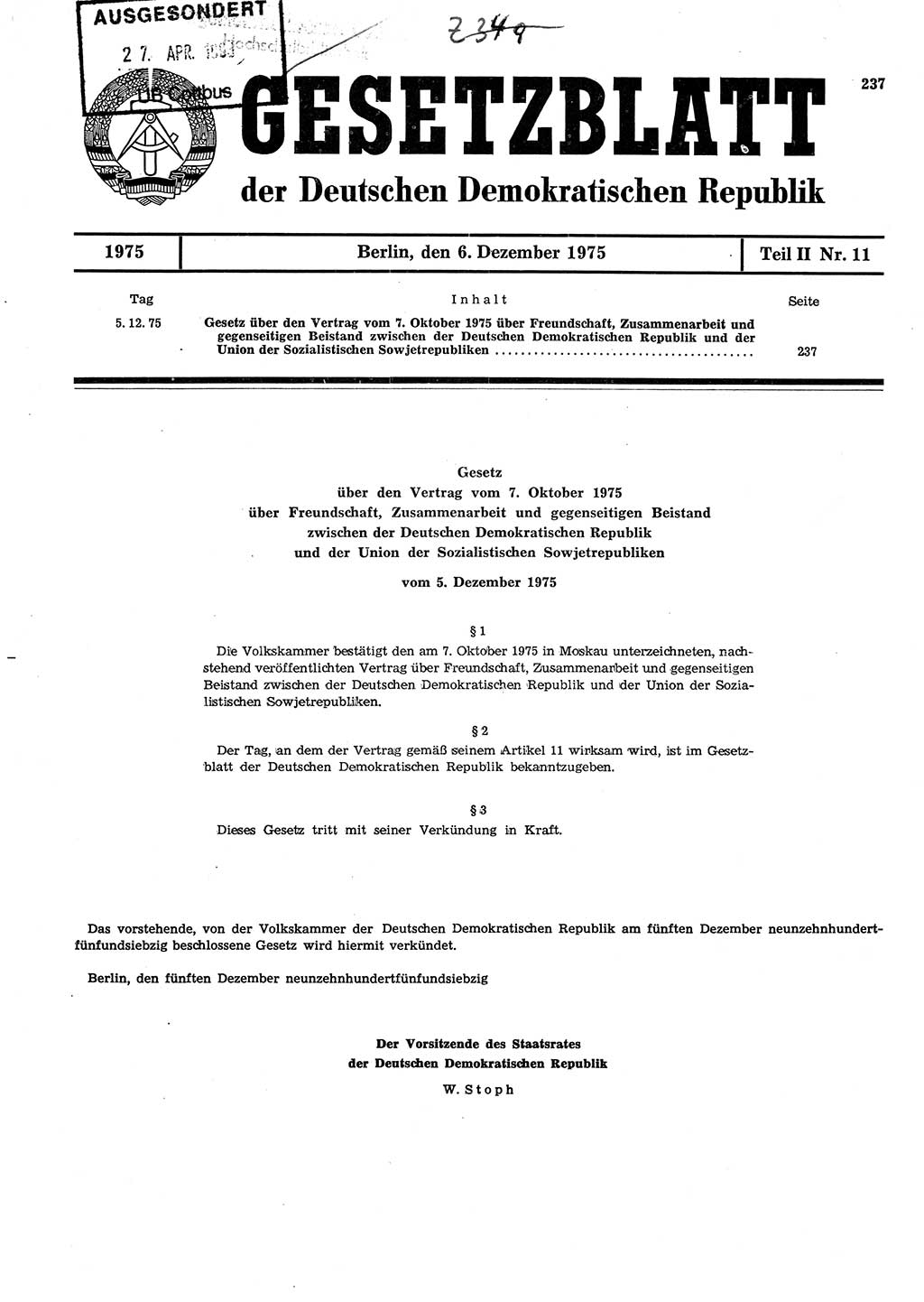 Gesetzblatt (GBl.) der Deutschen Demokratischen Republik (DDR) Teil ⅠⅠ 1975, Seite 237 (GBl. DDR ⅠⅠ 1975, S. 237)