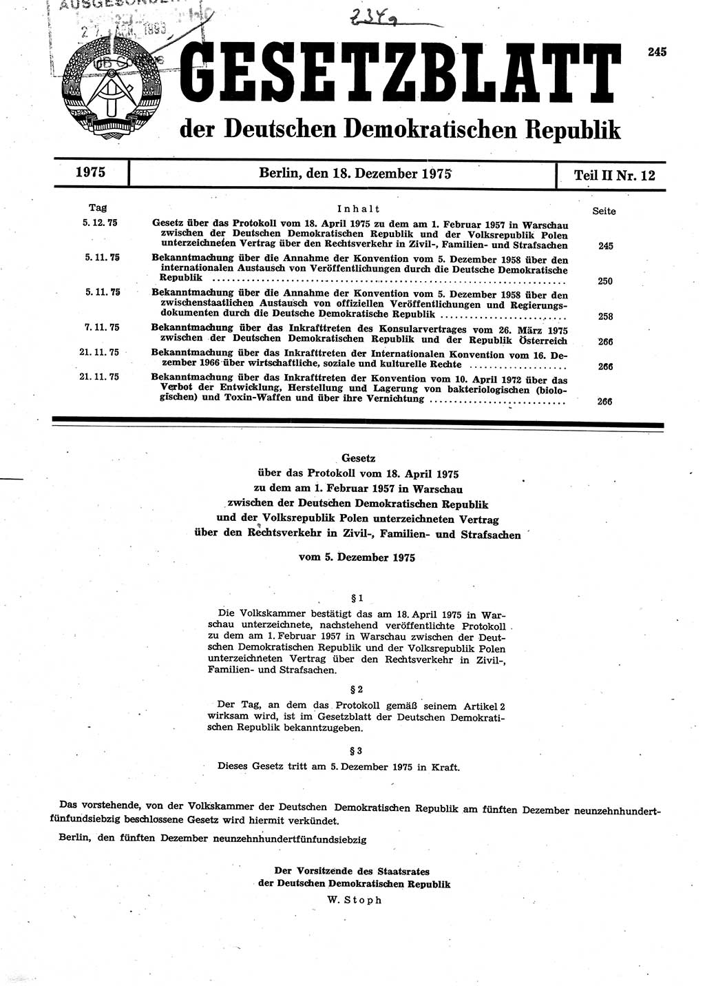 Gesetzblatt (GBl.) der Deutschen Demokratischen Republik (DDR) Teil ⅠⅠ 1975, Seite 245 (GBl. DDR ⅠⅠ 1975, S. 245)