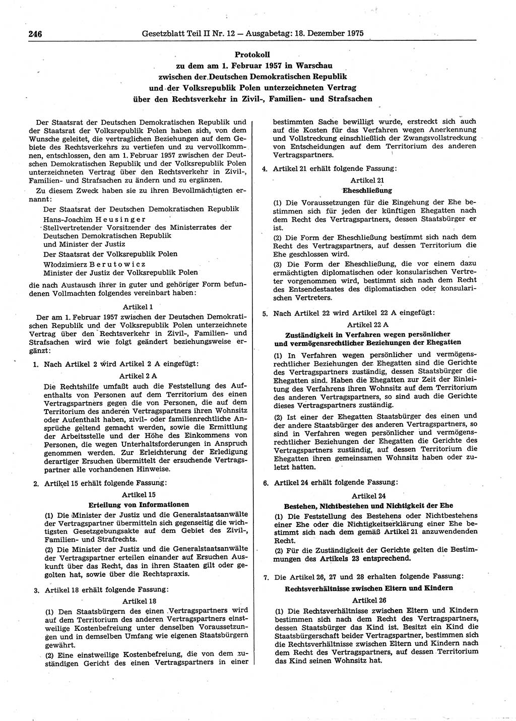 Gesetzblatt (GBl.) der Deutschen Demokratischen Republik (DDR) Teil ⅠⅠ 1975, Seite 246 (GBl. DDR ⅠⅠ 1975, S. 246)