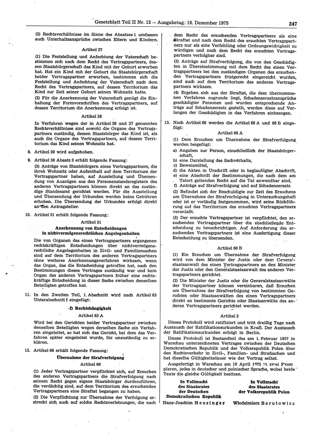Gesetzblatt (GBl.) der Deutschen Demokratischen Republik (DDR) Teil ⅠⅠ 1975, Seite 247 (GBl. DDR ⅠⅠ 1975, S. 247)