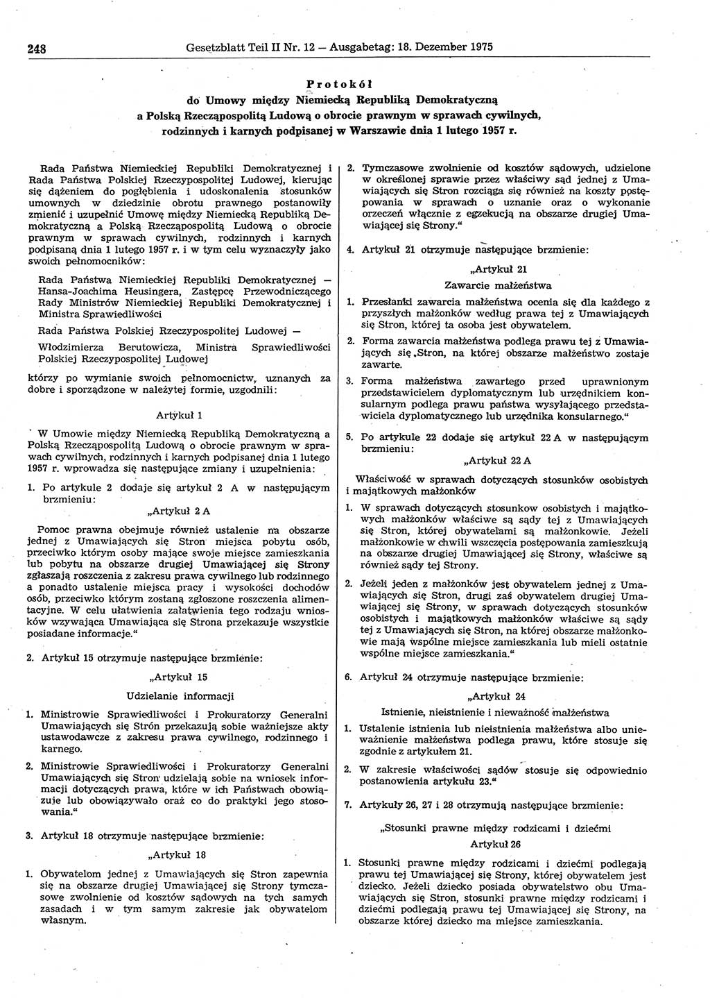 Gesetzblatt (GBl.) der Deutschen Demokratischen Republik (DDR) Teil ⅠⅠ 1975, Seite 248 (GBl. DDR ⅠⅠ 1975, S. 248)