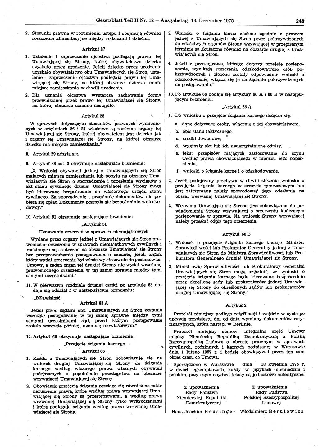 Gesetzblatt (GBl.) der Deutschen Demokratischen Republik (DDR) Teil ⅠⅠ 1975, Seite 249 (GBl. DDR ⅠⅠ 1975, S. 249)