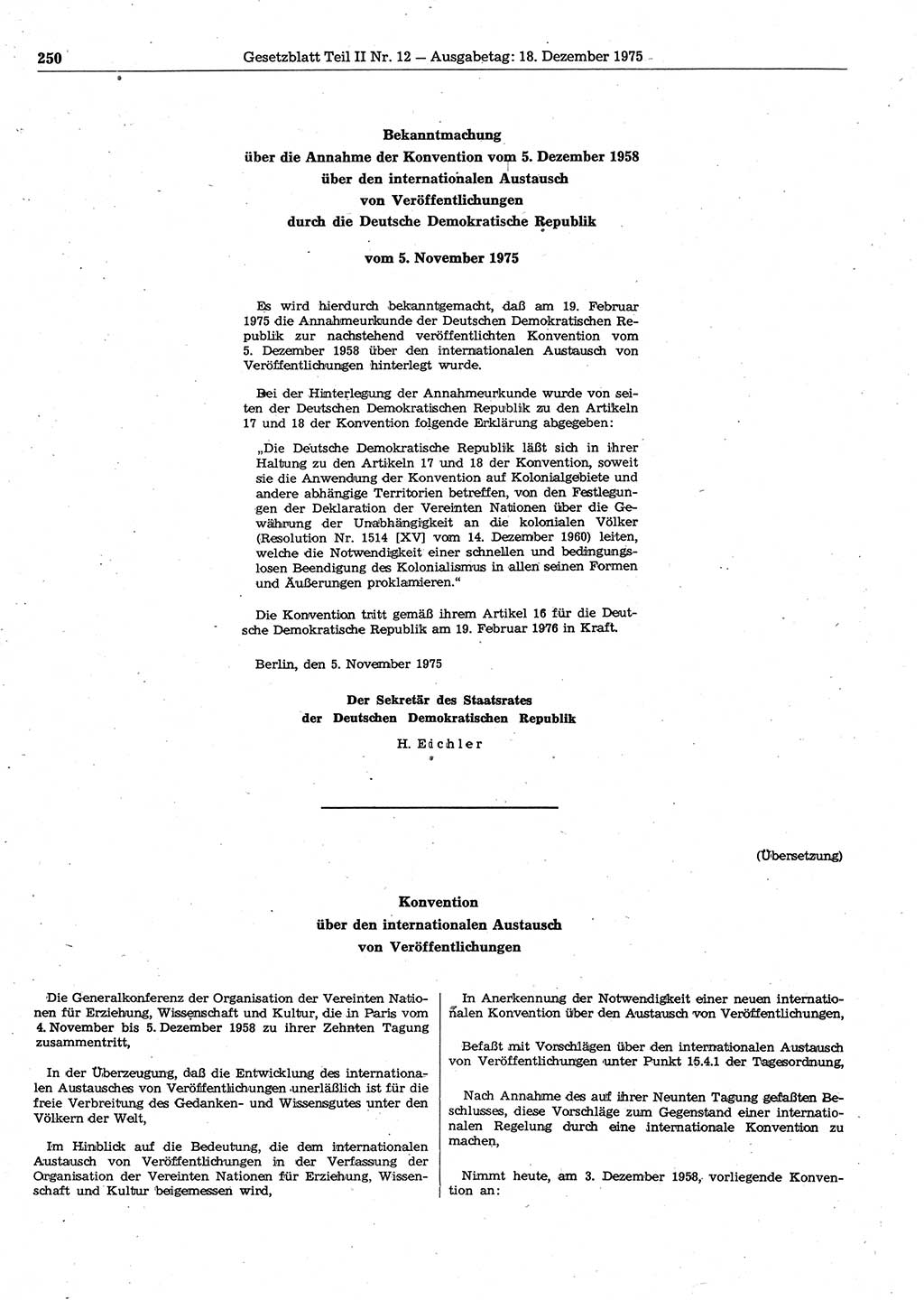 Gesetzblatt (GBl.) der Deutschen Demokratischen Republik (DDR) Teil ⅠⅠ 1975, Seite 250 (GBl. DDR ⅠⅠ 1975, S. 250)