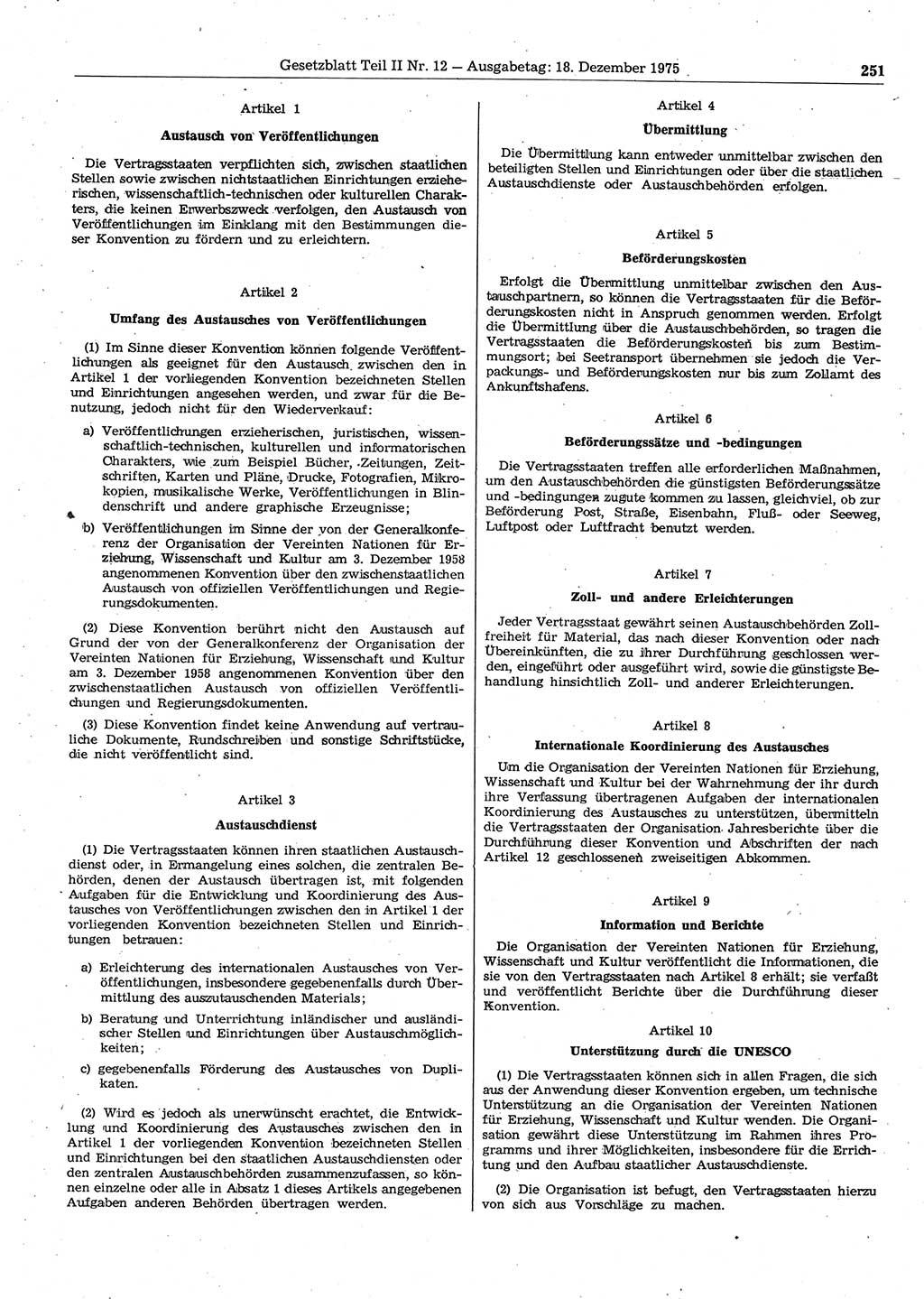 Gesetzblatt (GBl.) der Deutschen Demokratischen Republik (DDR) Teil ⅠⅠ 1975, Seite 251 (GBl. DDR ⅠⅠ 1975, S. 251)
