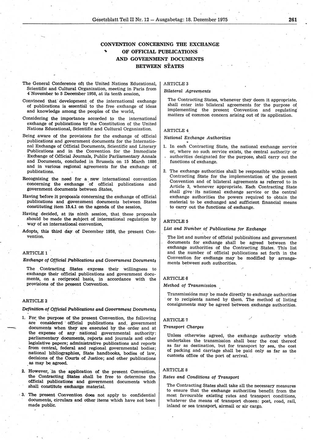 Gesetzblatt (GBl.) der Deutschen Demokratischen Republik (DDR) Teil ⅠⅠ 1975, Seite 261 (GBl. DDR ⅠⅠ 1975, S. 261)